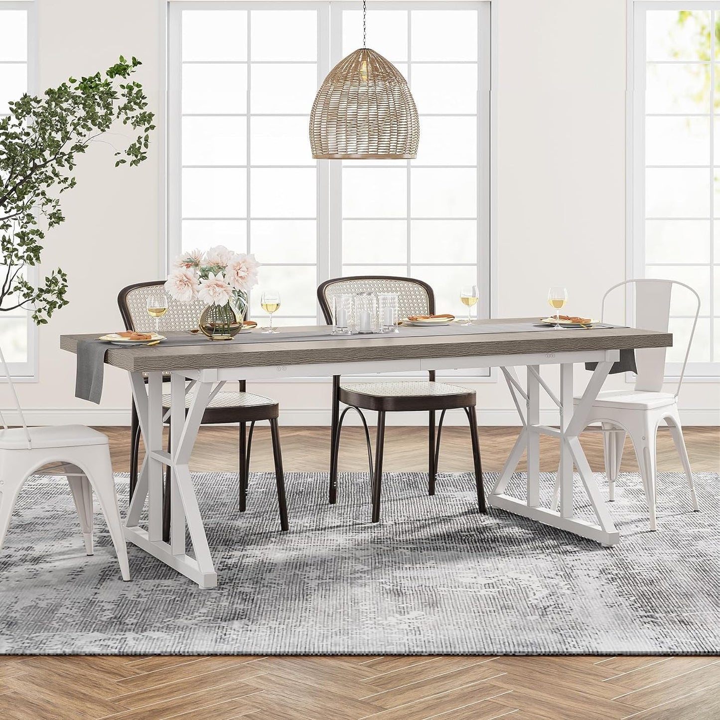 Farmhouse Dining Table for 6 People, 70.8-Inch Rectangular Wood Dining Table, Rustic Kitchen Table with Heavy Duty Metal Legs for Dining Room(Grey)-3