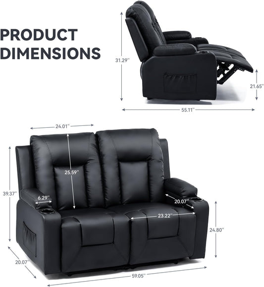 Living Room Furniture Set, Bonded Leather Loveseat Sofa with Cup Holder Recliner Chair, Black-1