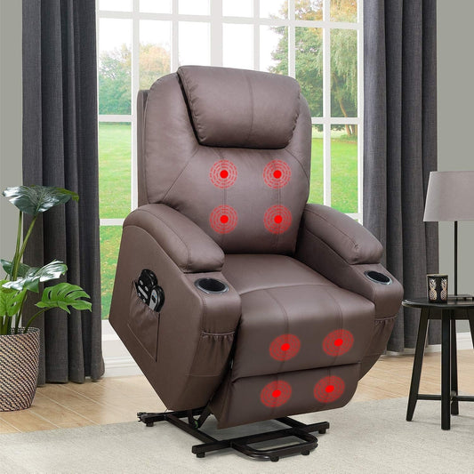 Power Lift Recliner Chair PU Leather with Massage for Elderly Ergonomic Lounge Chair Classic Single Sofa with 2 Cup Holders Side Pockets Home Theater Seat (Leather, Brown)-1