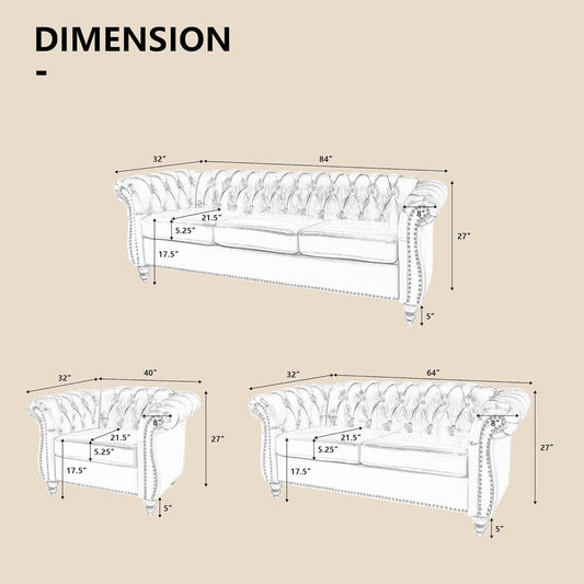 3 Piece Living Room Set, Sectional Chesterfield Sofa Chair Contemporary Upholstered Leather Loveseat Couch Sets for Living Room, Bedroom, Office-1