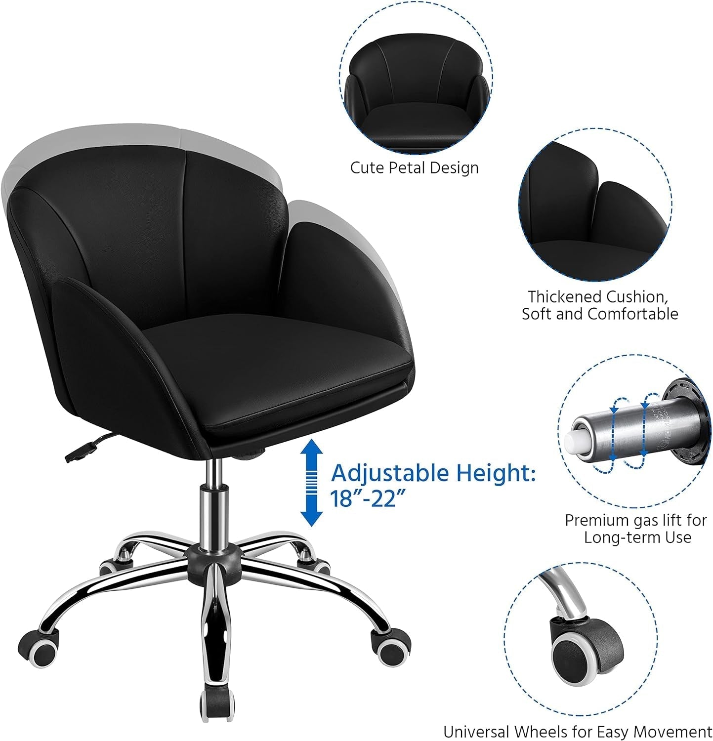 Cute Petal Desk Chair Home Office Swivel Upholstered Leather Makeup Vanity Desk Chair with Armrests for Bedroom Modern Computer Rolling Chair for Women Black-4