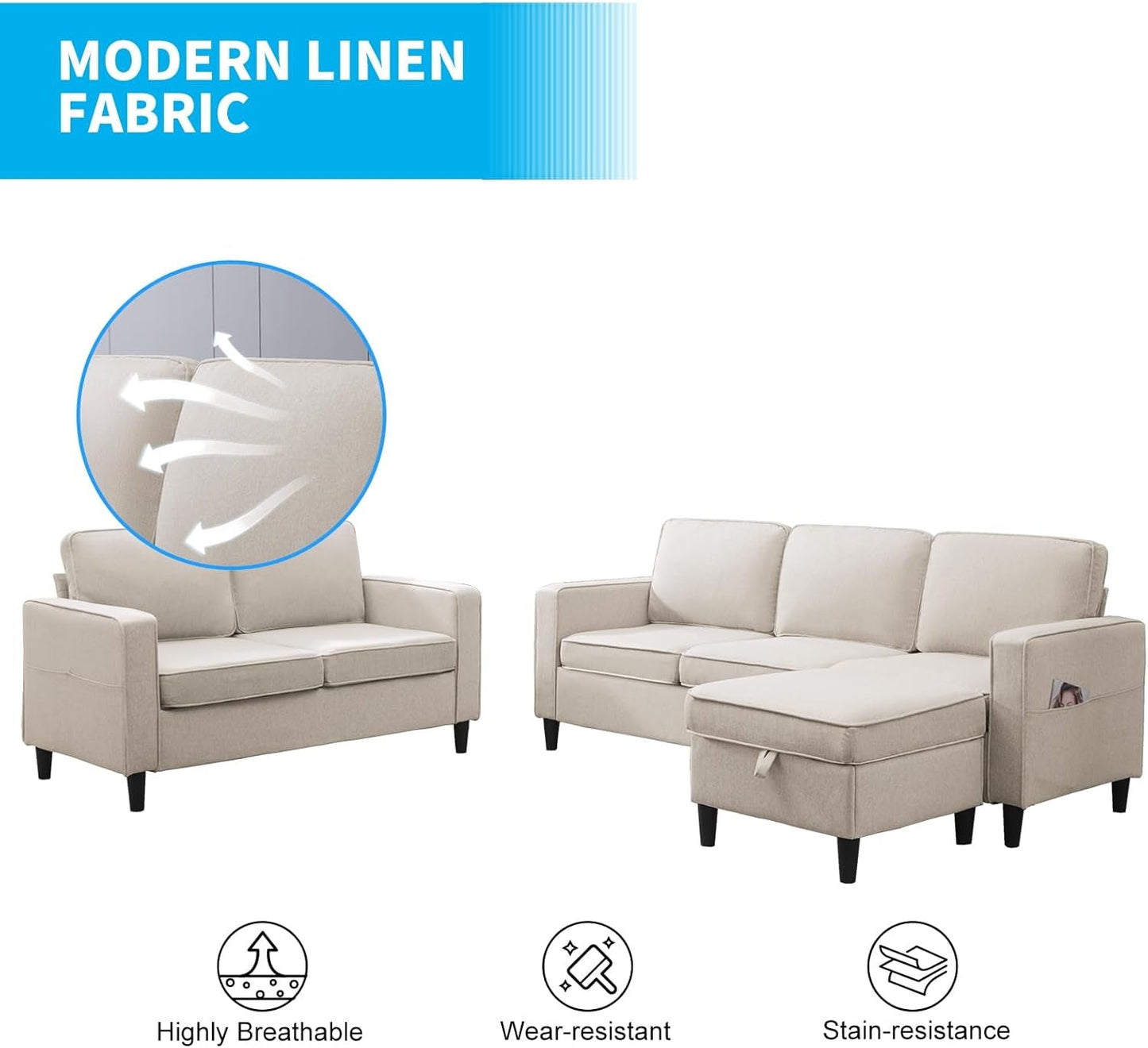 L Shaped Sectional Couch and Loveseat Sets, 2 Piece Living Room Sofa Set, Modern Linen 3 Seater Sofa with Storage Ottoman + 2-Seat Love Seat Furniture Sets for Apartment-4