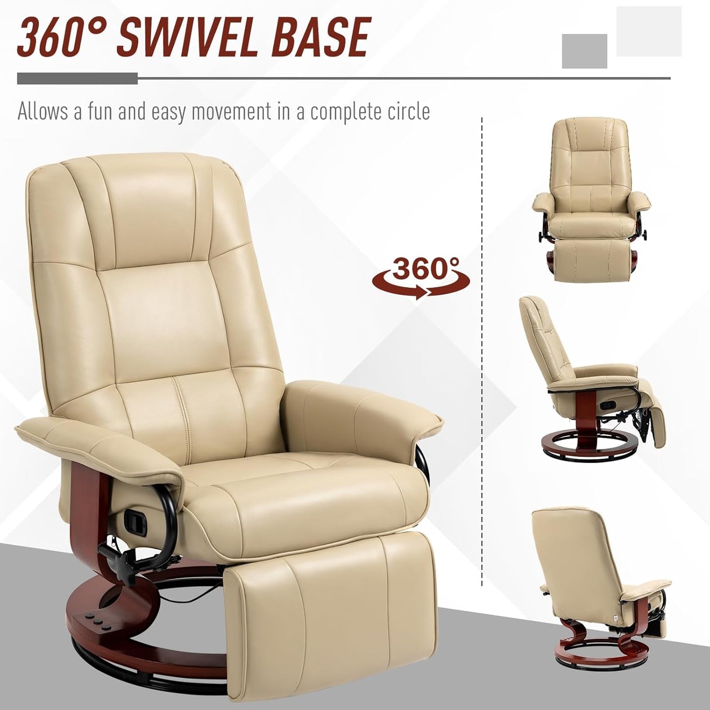 Faux Leather Manual Recliner, Adjustable Swivel Lounge Chair with Footrest, Armrest and Wrapped Wood Base for Living Room, Cream White-4