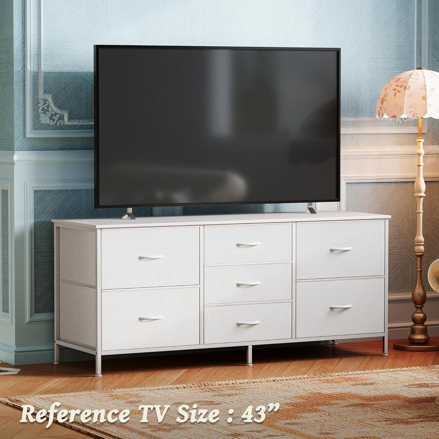 Dresser with 7 Fabric Drawers, 47 Inch Dresser TV Stand for 43, 50, 55 Inch TV, Dresser Chest of Drawers, PU Leather, Metal Frame, Storage Dresser for Bedroom, Nursery, Clothing, White Dresser-3