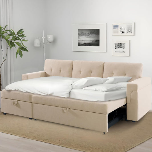 Transform Any Space: Sleeper Sectional Sofa with Convertible Sofa Bed & Inviting Chaise. Find Tranquil Comfort with Stress-Relieving Design & Durable Cushions - Beige/Velvet-1
