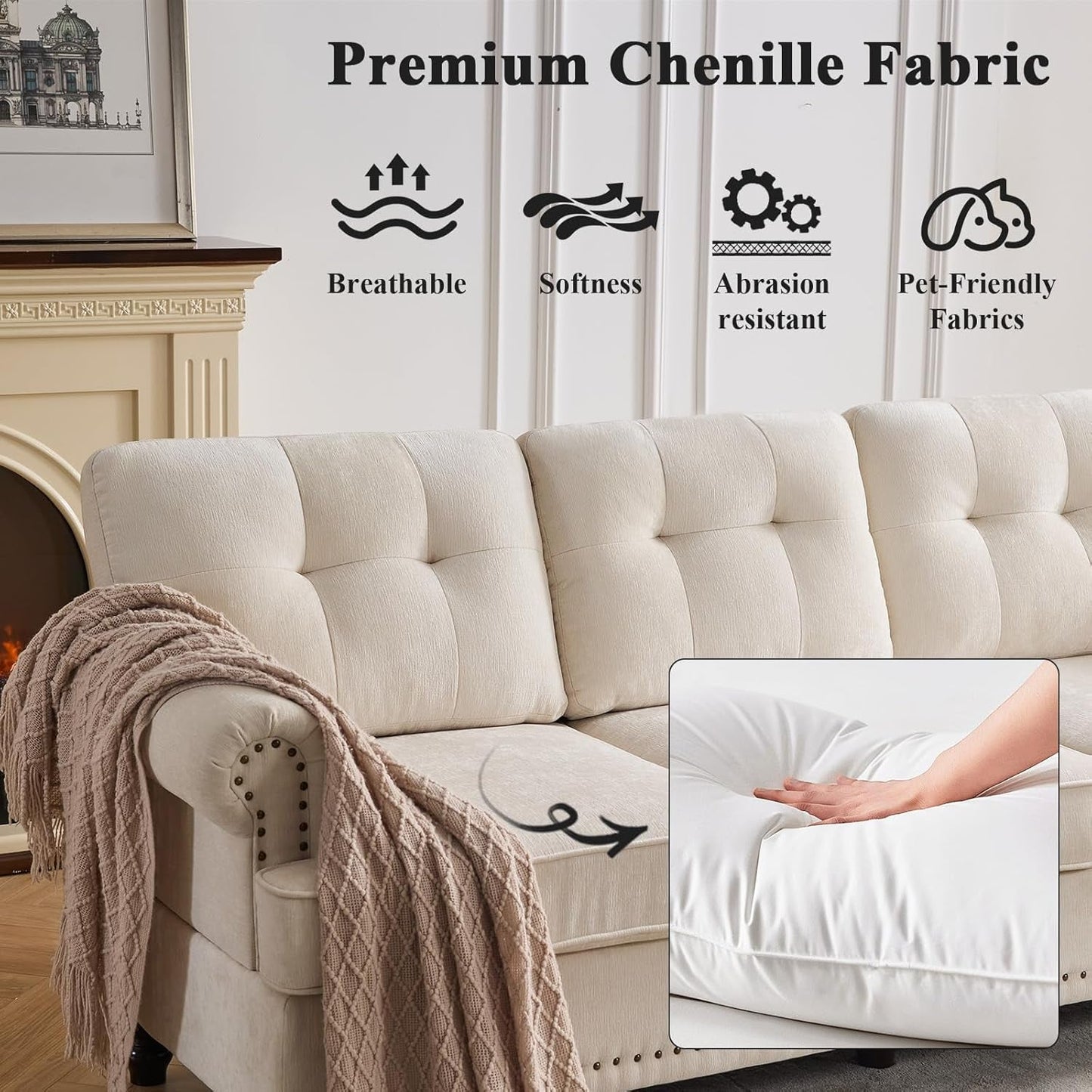 Tufted Sofa Set for Living Room, Including 3 Seater Couch, Loveseat Sofa, and Living Room Chairs with Rivets, Rolled Arms, and Solid Wood Legs, Couches for Living Room, Bedroom, Office, Biege-4