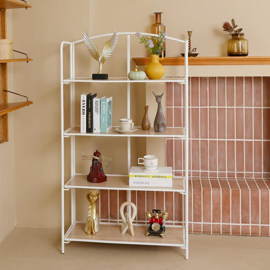 No Assembly Folding Bookshelf for Living Room, 4 Tier White Collapsible Book Shelf for Home Office, Portable Bookcase Storage Organizer-1