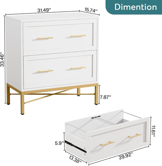 Modern White 2 Drawer File Cabinet, Lateral Filing Cabinet for Letter/Legal/A4 Size, Wood File Storage Cabinets Printer Stand with Storage for Home, Office, White and Gold-1
