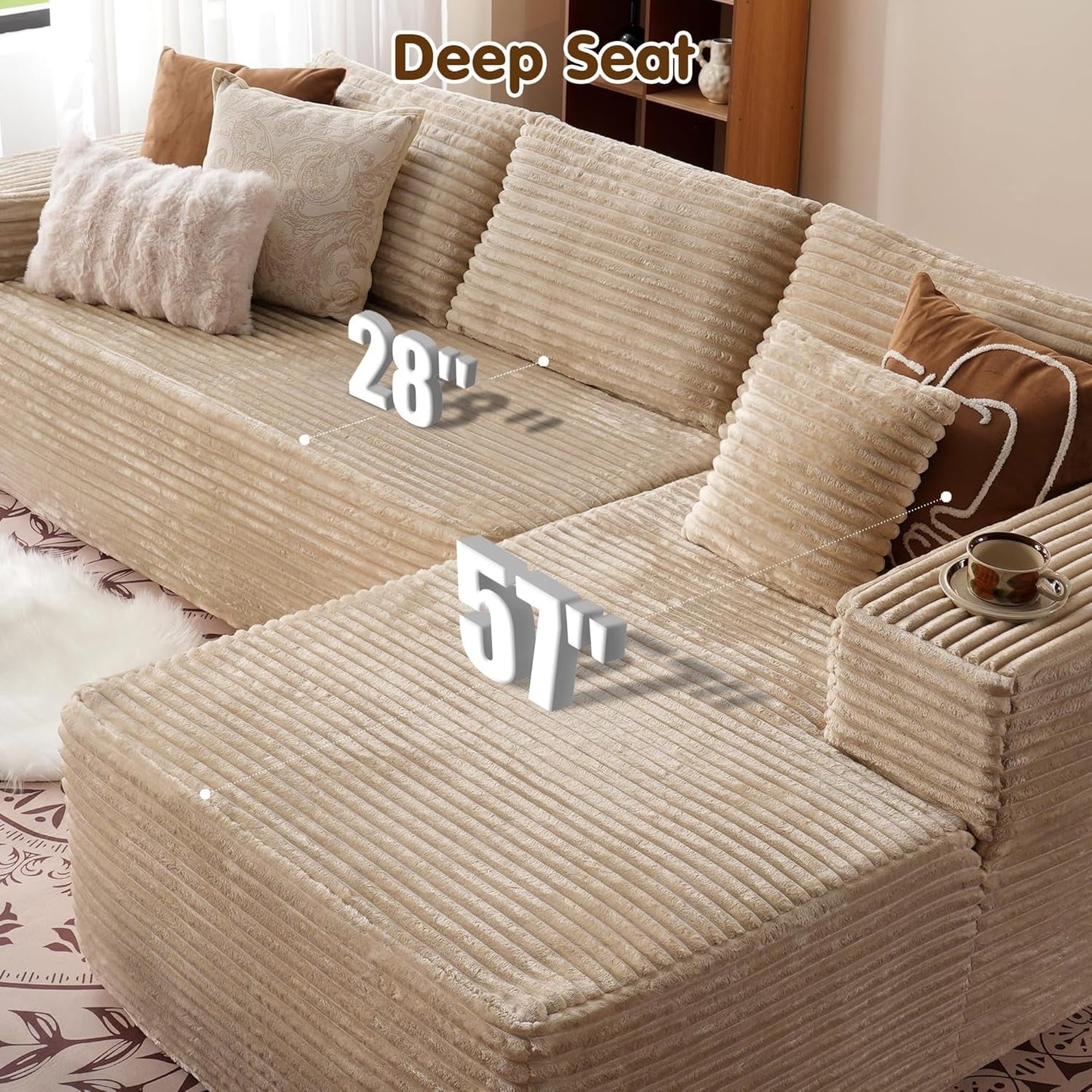 104" Cloud Sectionl Couch with L-Shpe Chise,Modern Modulr Sof with Deep Set, Upholstered Couches for Living Room Bedroom,No ssembly Required, Beige (Plush Corduroy Fbric)-2