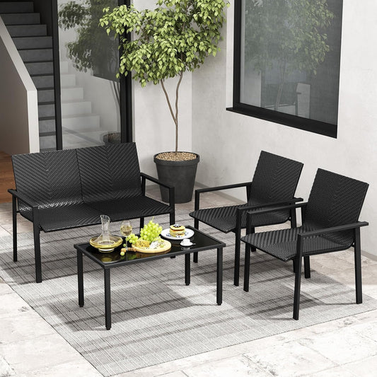 4 Pieces Wicker Patio Conversation Set with Coffee Table, PE Rattan Chairs with Galvanized Metal Frame, Outdoor Table and Chairs Set for Small Space, Balcony, Poolside, Backyard (Black)-1
