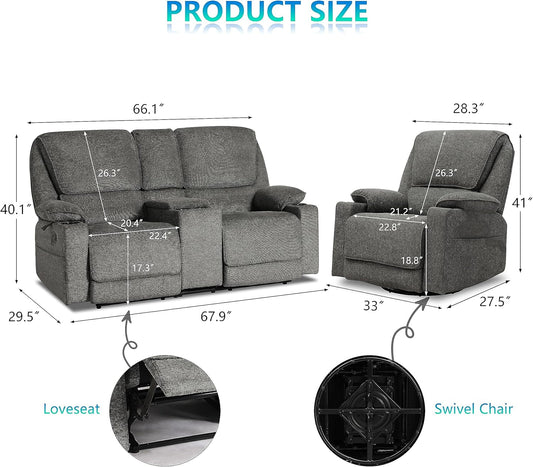 Reclining Living Room Set, 2-Piece Recliner Furniture Sofa, Loveseat Recliner and Swivel Recliner Chair with Cup Houlders for Living Room,Dark Grey-1