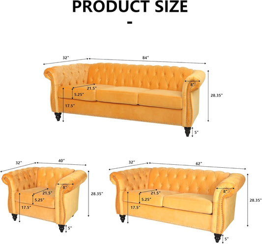 3 Pieces of Living Room Furniture Sofa Sets, Modern Velvet Chesterfield Sofa&Chesterfield Club Chair&Chesterfield Loveseat Sofas Set with Nailhead Trim Scroll Arms for Living Room(Mango)-1