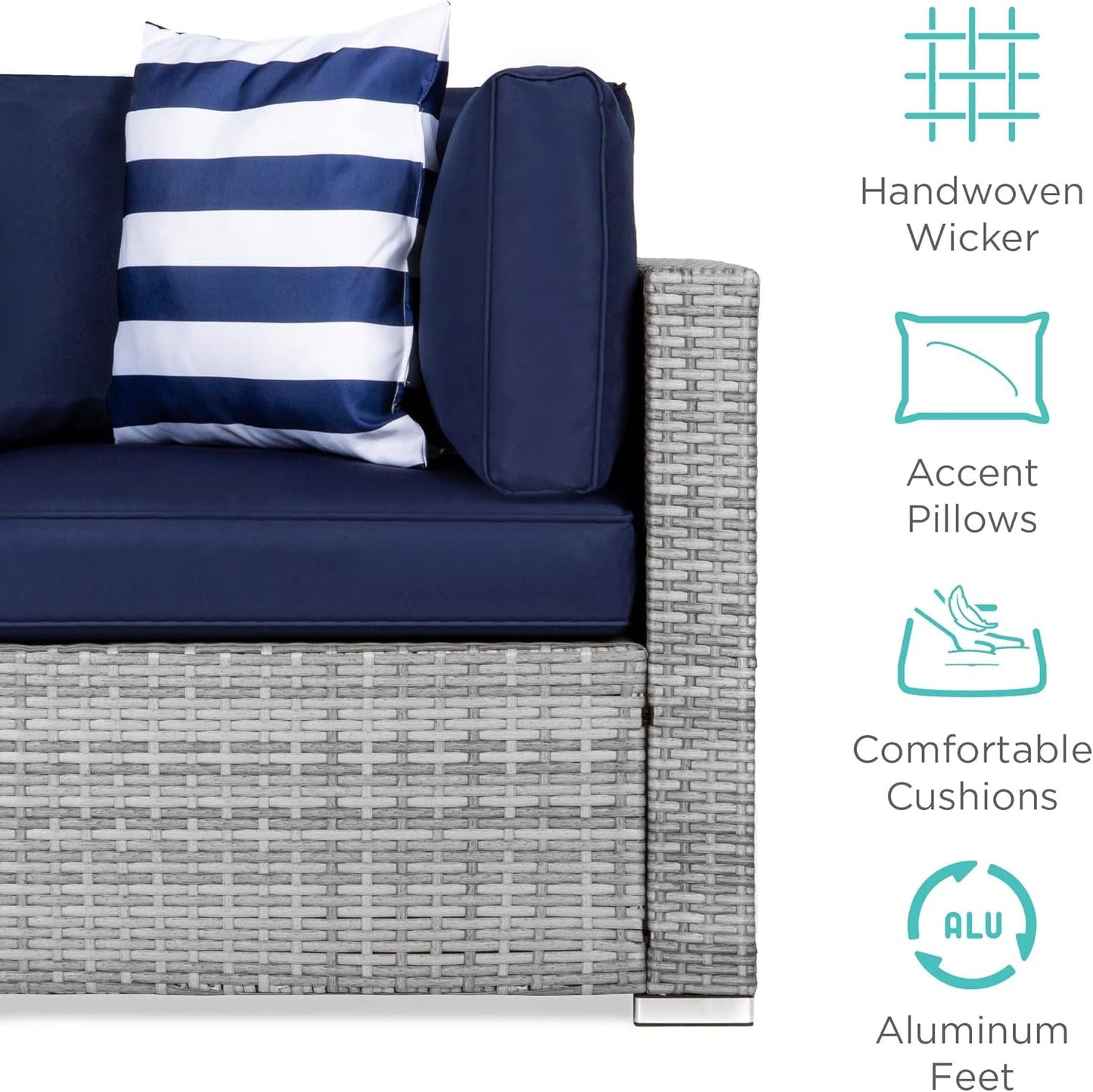7-Piece Modular Outdoor Sectional Wicker Patio Conversation Set W/ 2 Pillows, Coffee Table, Cover Included - Gray/Navy-4