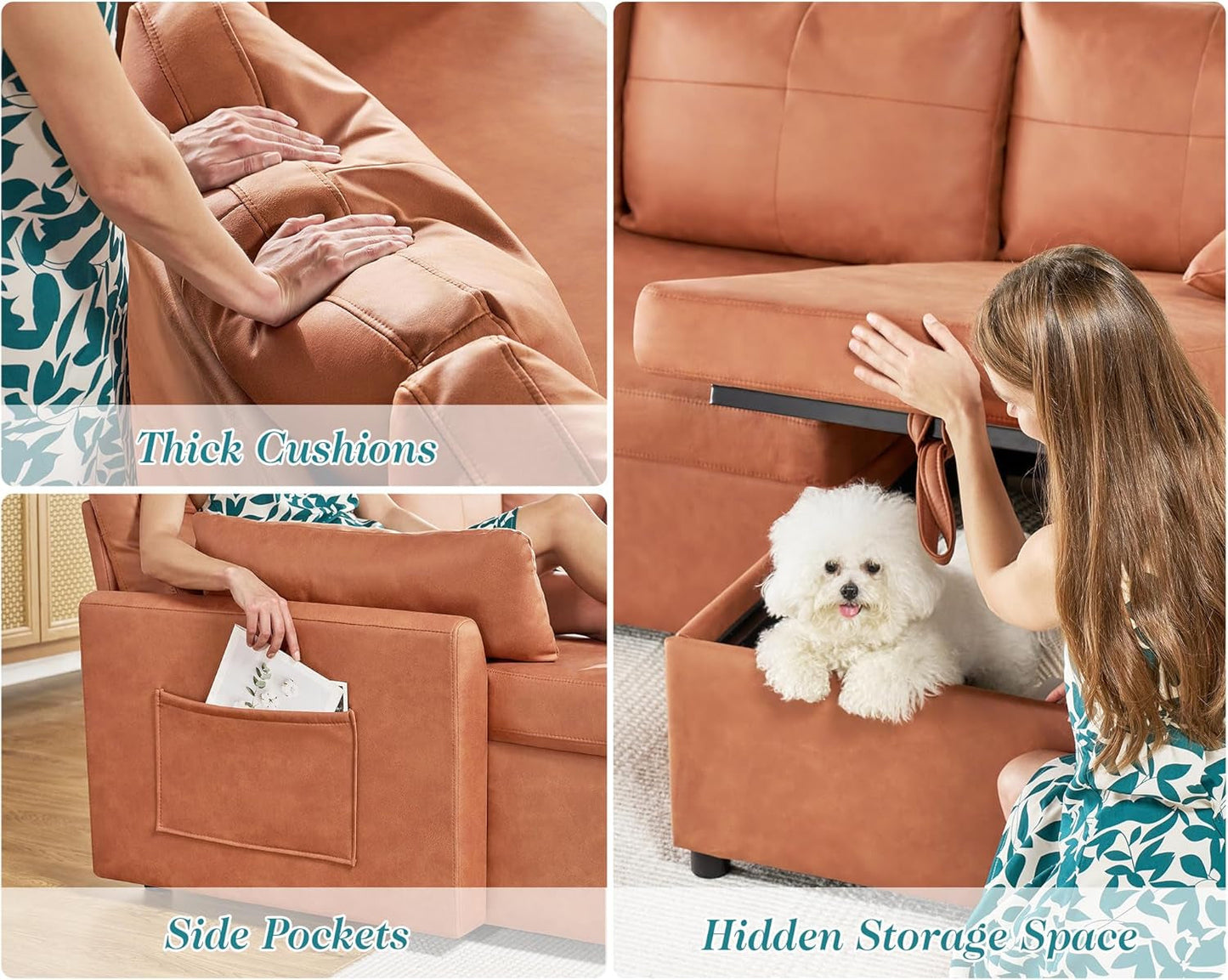 Sleeper Sofa, Sofa Bed- 2 in 1 Pull Out Couch Bed with Storage Chaise, Sofa Sleeper Couch for Living Room, Brown Leathaire Sofa-4