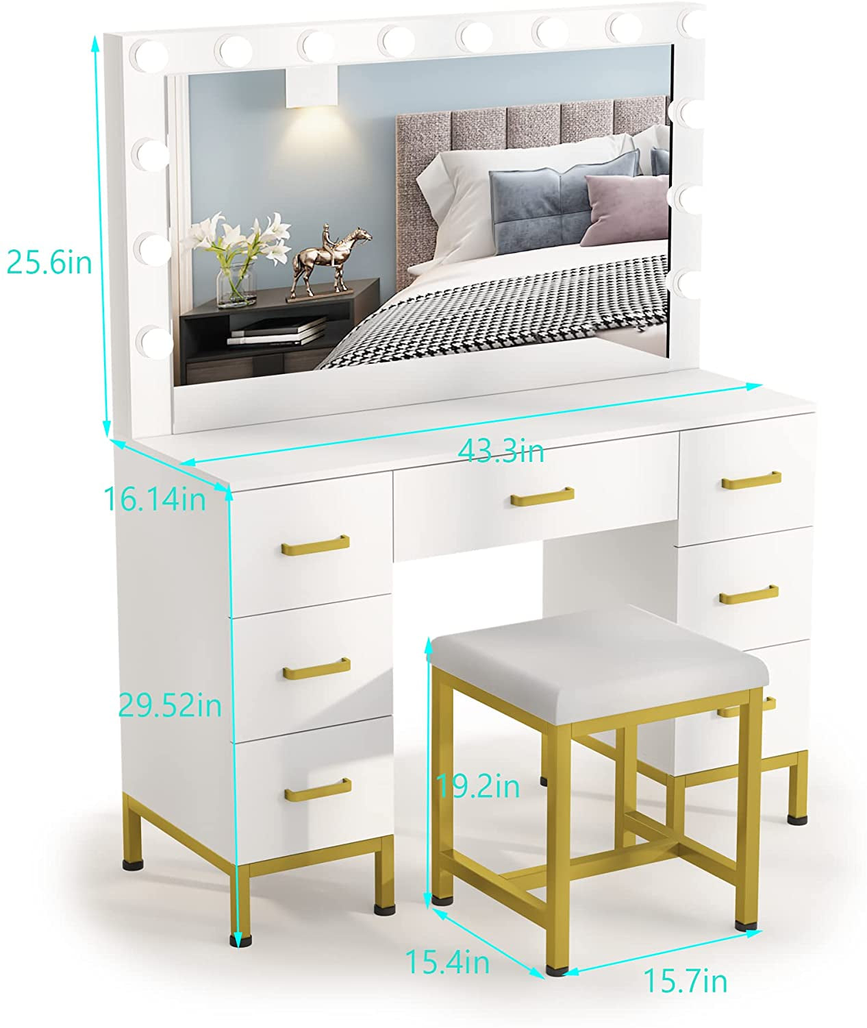 Large Lighted Makeup Vanity, 14 LED Bulbs, 7 Drawers (White)-1