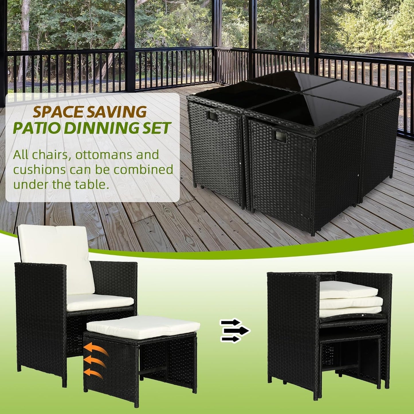 9 Pieces Patio Dining Sets Outdoor Conversation Sets, Space Saving Wicker Chairs with Glass Table and Ottomans, Cushioned Seating and Back Sectional Dining Sets(Bk-Wh)-2