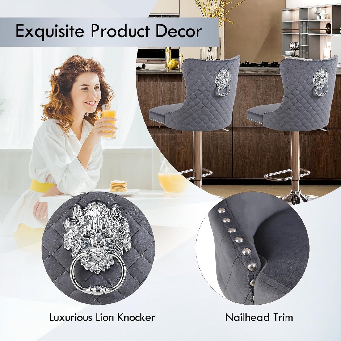 Velvet Adjustable Swivel Bar Stools Set of 4, High Tufted Back Modern Counter Height Stools Chrome Footrest/Lion Pull Ring/Rivet Trim/Diamond Pattern Kitchen Dining Pub Bar Chairs, Dark Grey-3