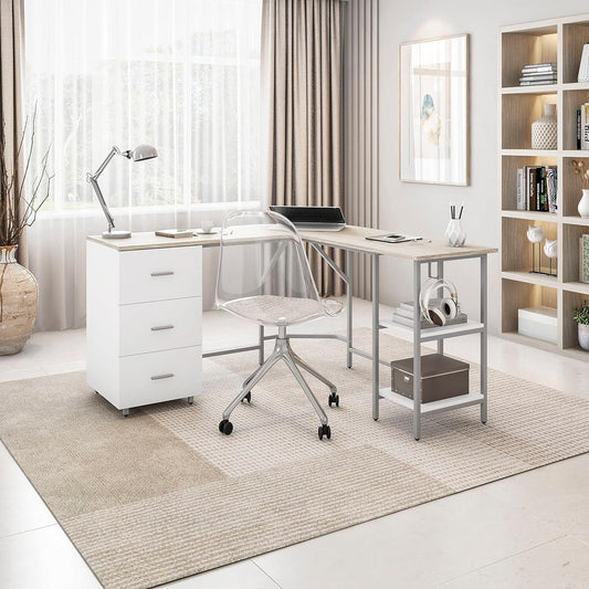 L Shaped Desk - Two-Toned Computer Desk with Drawers & Storage Shelves - Simple Modern Furniture & Home Office Space Corner Table for Work & Writing-1