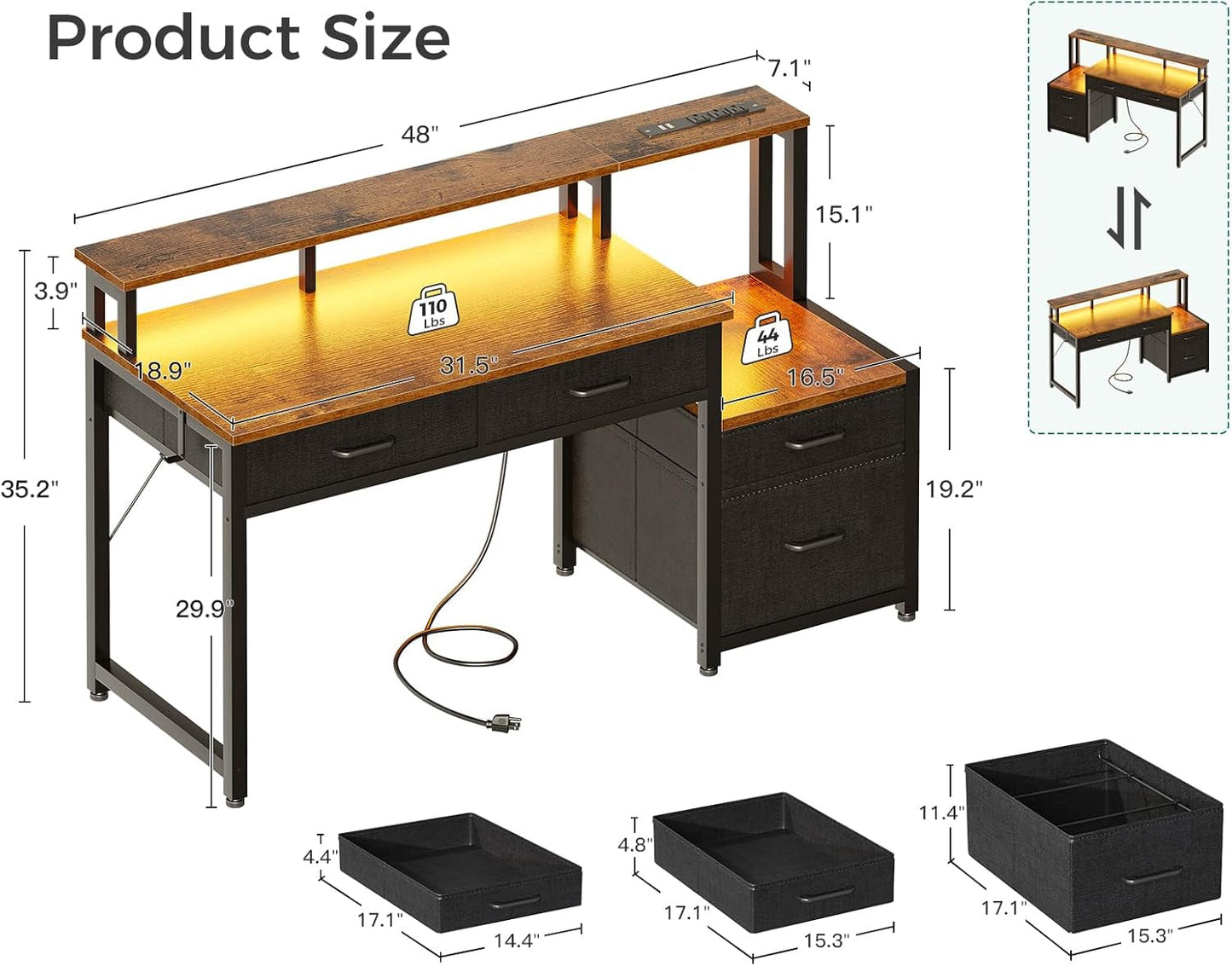 48-Inch Computer Desk with Fabric File Cabinet and Fabric Drawers, Reversible Office Desk with LED Strip and Power Strip, Gaming Desk with Monitor Riser, Writing/Study Table for Home, Vintage-2