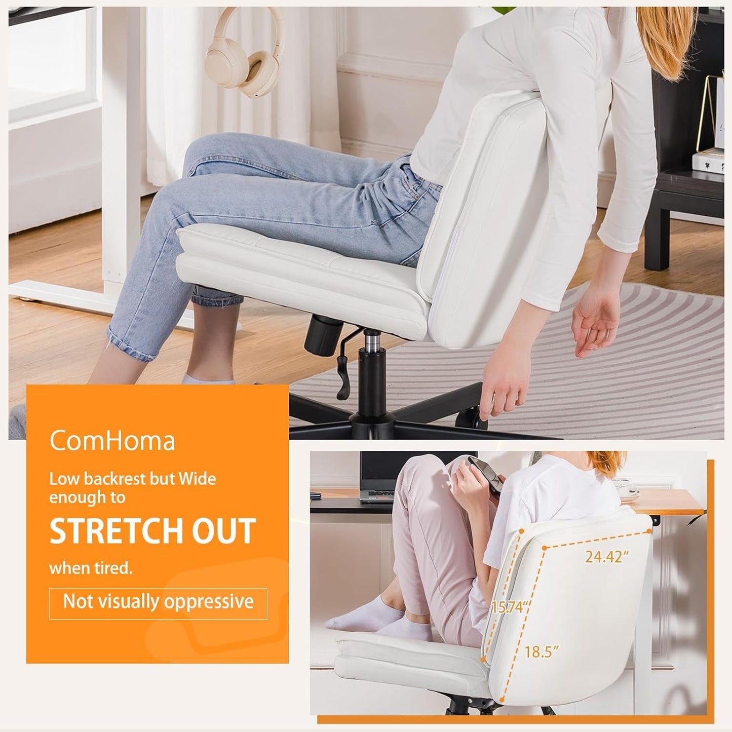 Criss Cross Chair with Wheels, Armless Wide Cross Legged Office Chair Mid Back, Modern Home Office Desk Chair Swivel Adjustable Vanity Computer Chair, Beige-4