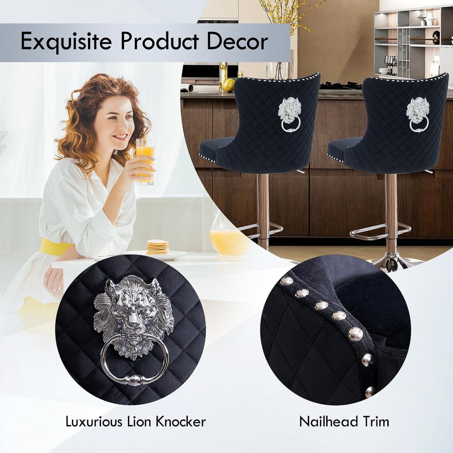 Velvet Adjustable Swivel Bar Stools Set of 4, High Tufted Back Modern Counter Height Stools-Chrome Base Footrest/Lion Pull Ring/Rivet Trim/Diamond Pattern Kitchen Dining Pub Bar Chairs, Black-3