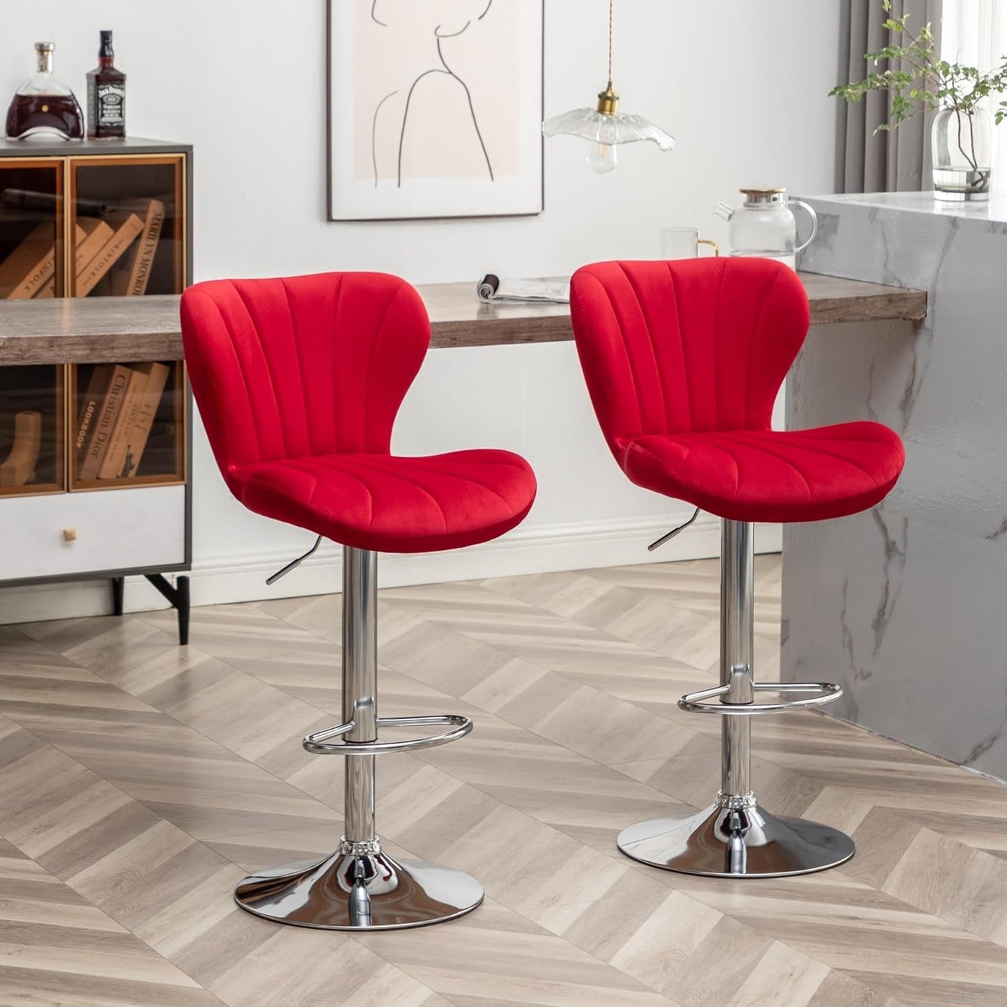 Ellston Velvet Adjustable Swivel Barstools in Red, Set of 2-2