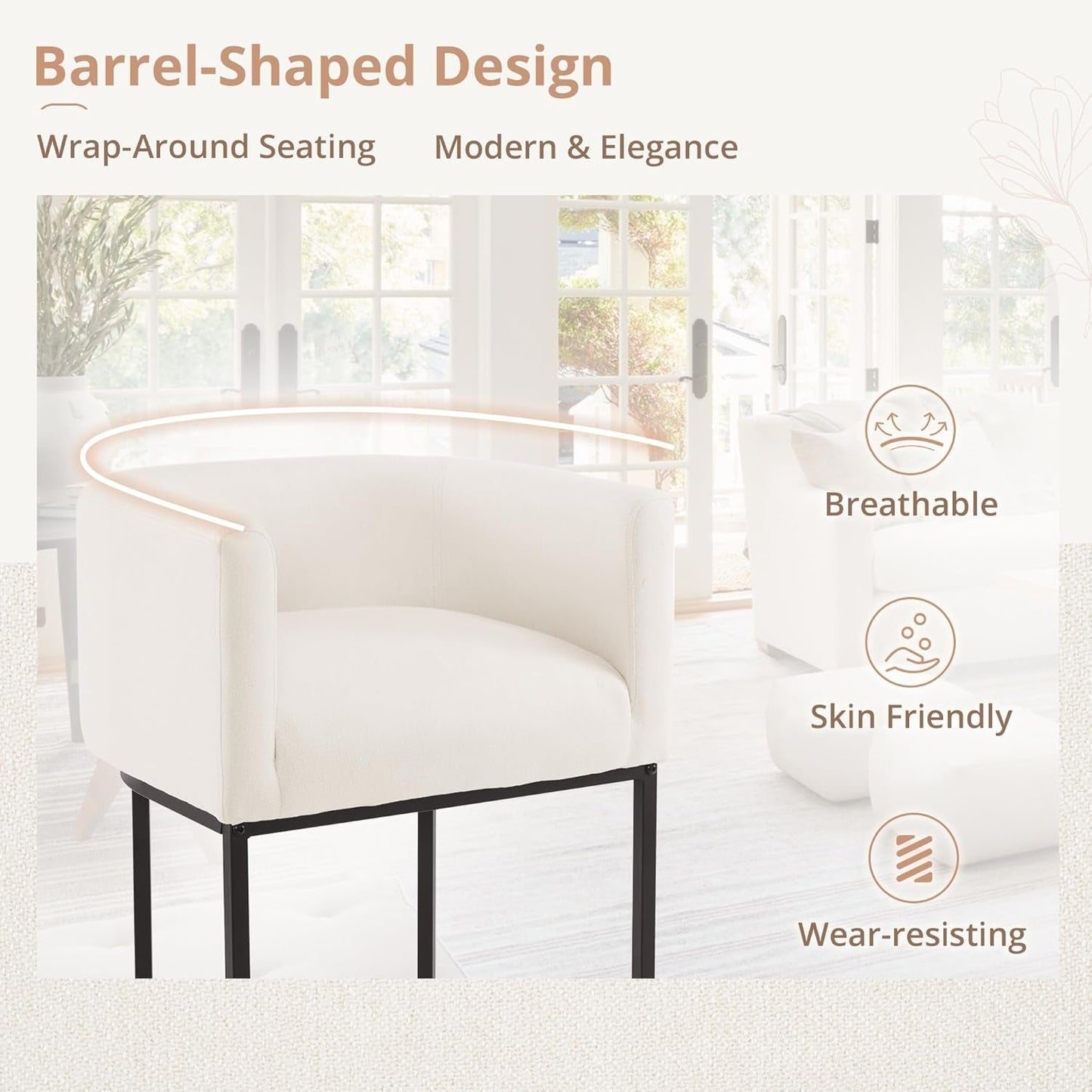 27" H Counter Height Bar Stools Set of 2, Modern Barrel Counter Stools with Backrest and Arms, Black Metal Frames, Linen Fabric Upholstered Accent Barstools for Kitchen Island, Beige-4