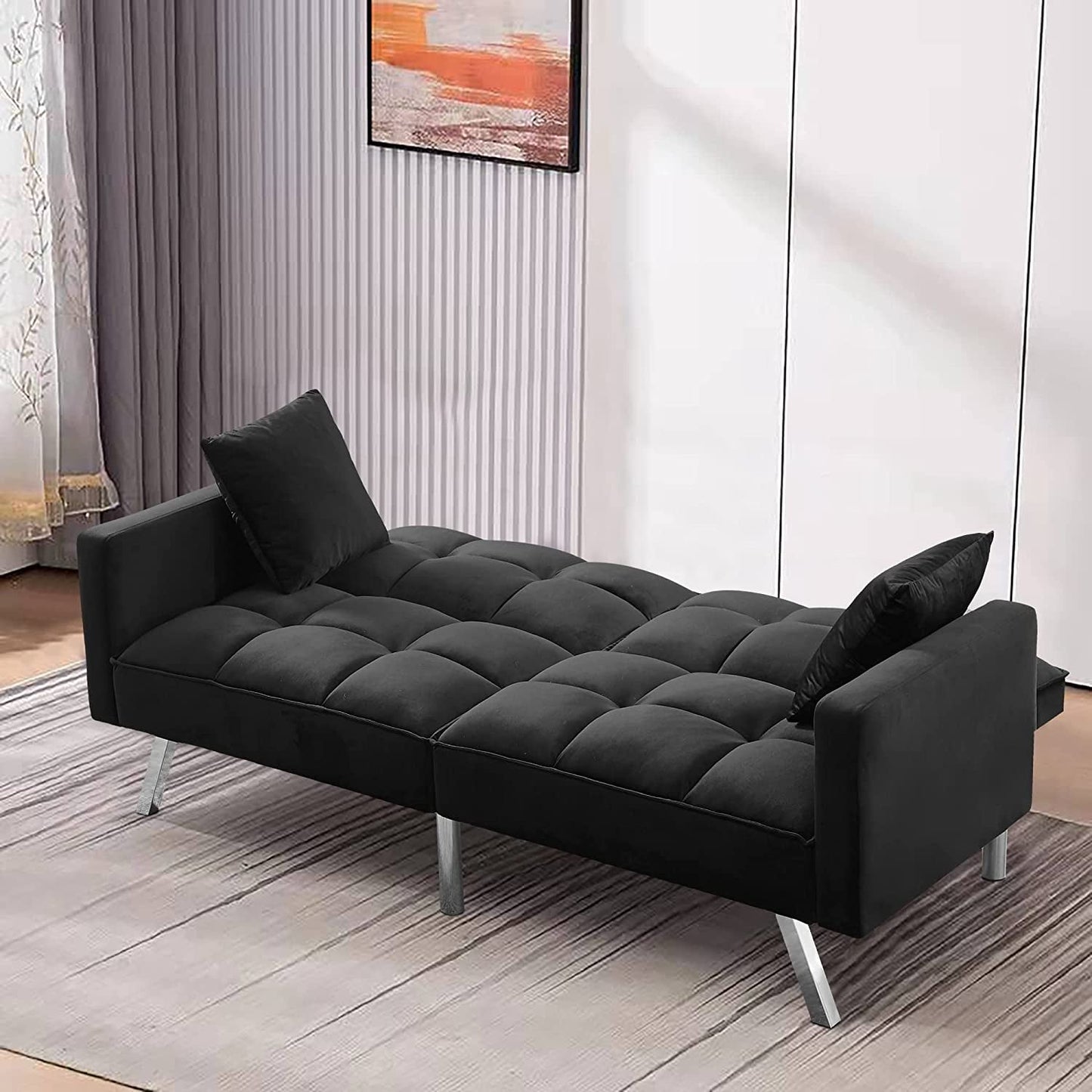 Convertible Velvet Futon Sofa Bed with Pillows-3