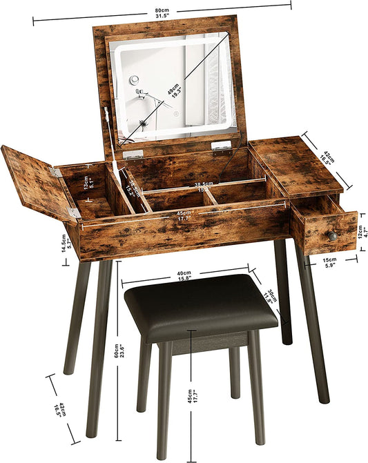 Vintage Brown Vanity Desk Set with LED Lighted Mirror-1