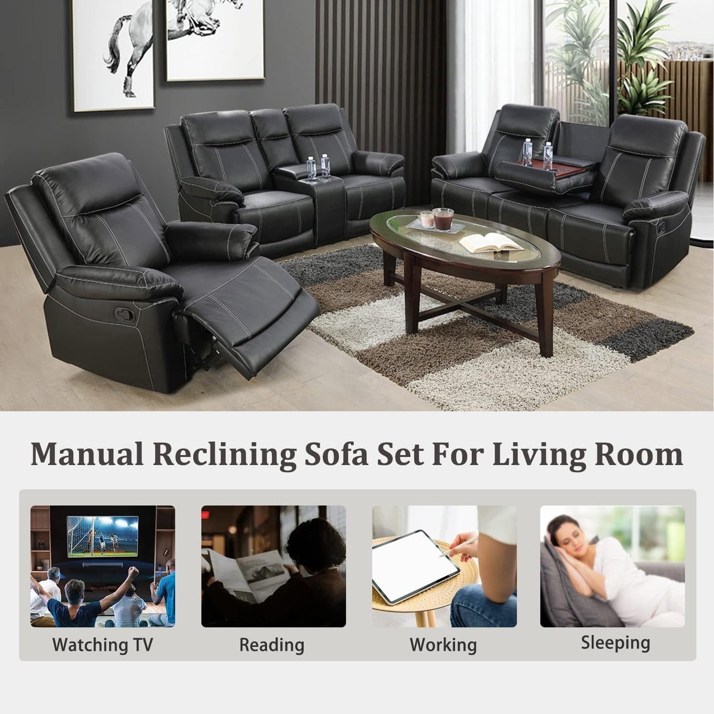 Manual Recliner Sofa Set, Bonded Leather Sofa with Recliners, Reclining Couch Set with Storage Console and Cup-Holders for Living Room/House/Bedroom/Office/Apartment (Black / 3 Pieces Set)-4