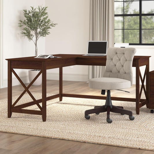 Bush Furniture Key West 60W Modern Farmhouse L Shaped Desk in Bing Cherry | 60-Inch Corner Table for Home Office-1