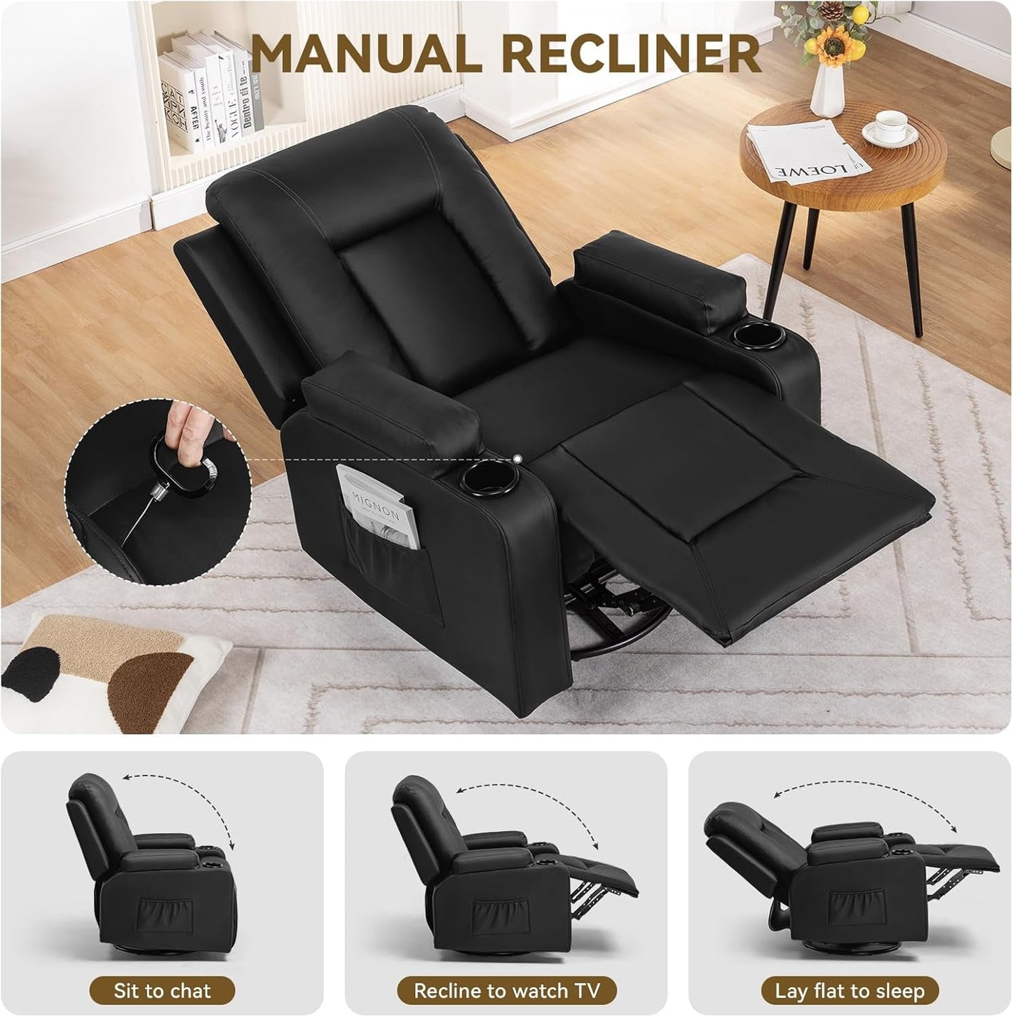 Recliner Chair, Swivel Rocker Recliners, Massage and Heat Reclining Chair, Reclining Sofa with Side Pockets, Cup Holders for Living Room, Bedroom (Black)-4