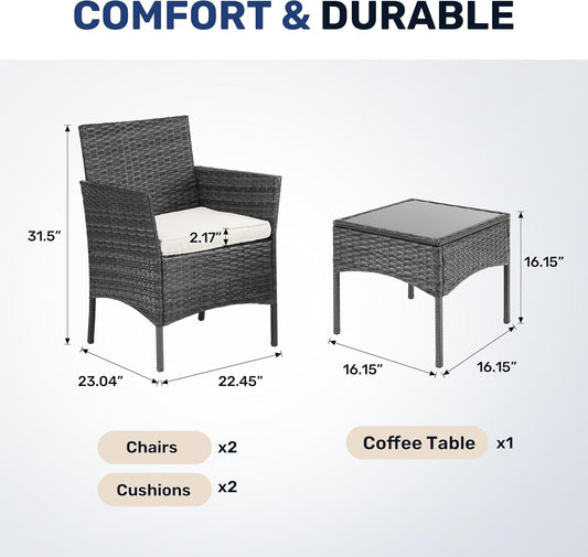 Patio Furniture Set 3 Pieces Outdoor Rattan Wicker Chairs with Soft Cushion and Glass Coffee Table, Waterproof Conversation Bistro Loveseat for Garden Backyard, Balcony, Terrace, Black-1