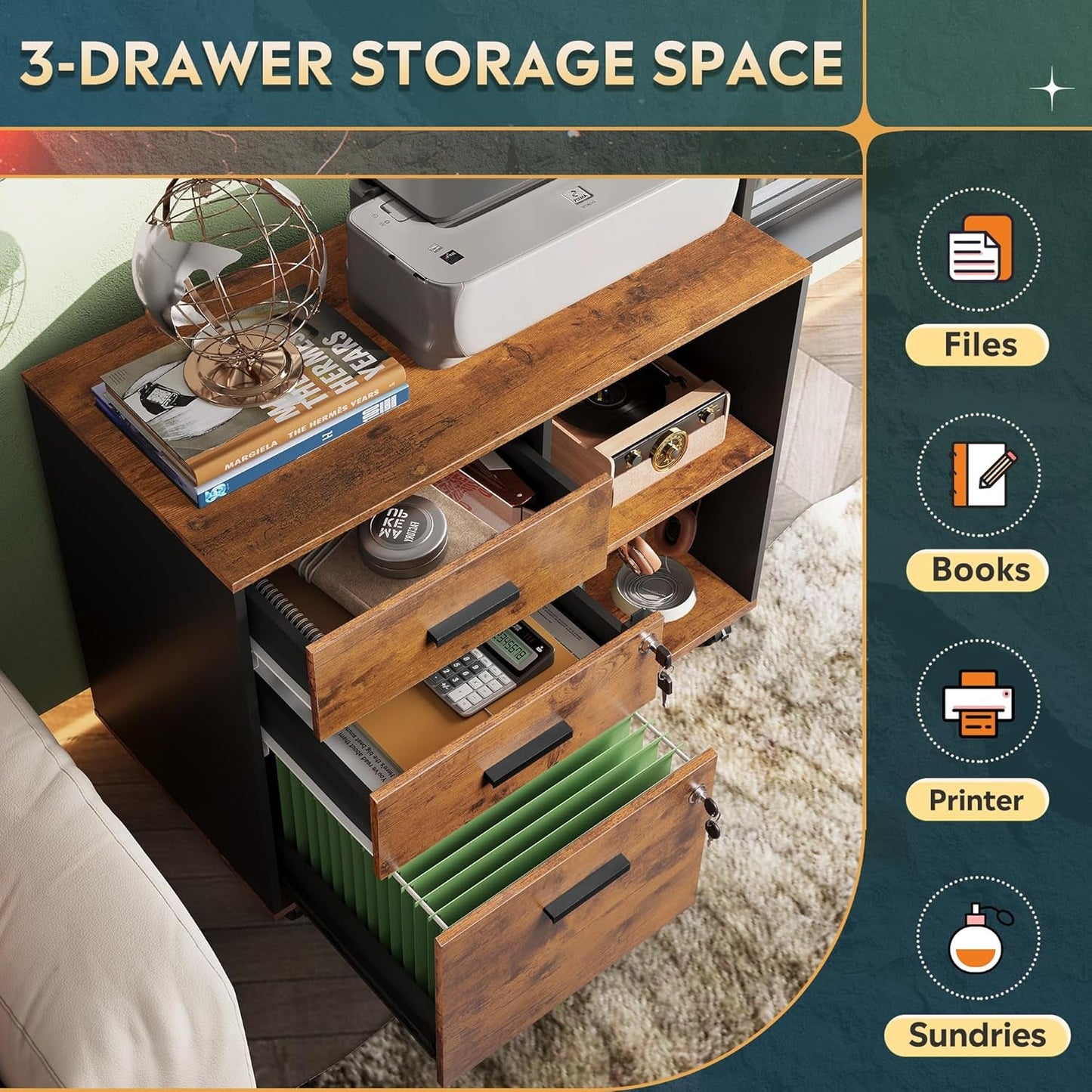 3-Drawer Wood File Cabinet with Lock, Mobile Lateral Filing Cabinet, Printer Stand with Open Storage Shelves for Home Office, Rustic Brown-4