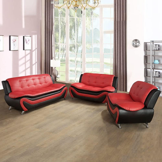 Living Room Furniture Set, Faux Leather Sofa Couch Set, 3 Pieces Modern Sofa Set for Living Room/Apartment/Office (Black&Red)-1