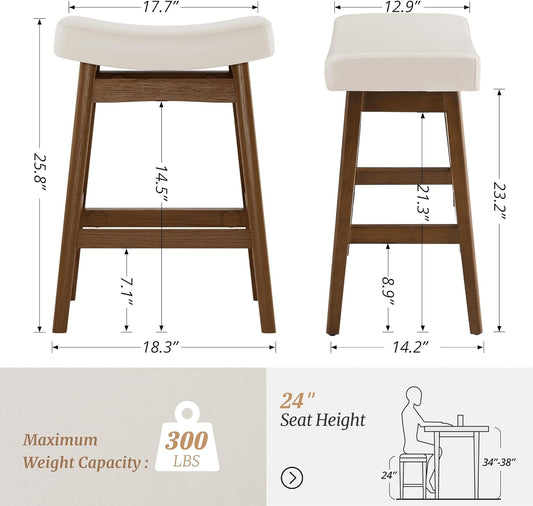 Bar Stools Set of 2, Barstools with Sturdy Wood Legs, Saddle Seat Counter Height Bar Stools for Kitchen Counter, Bar, Dining, 24 Inch Farmhouse Counter Stools, Antique White Leather-1