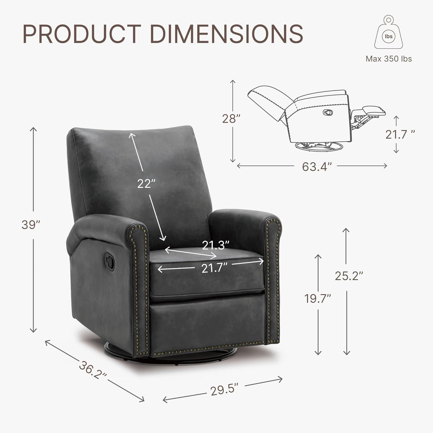 Large Leather Recliner Chair Faux Swivel Rocker for Adults Manual Sofa for Living Room Bedroom Home Theater Seating-2