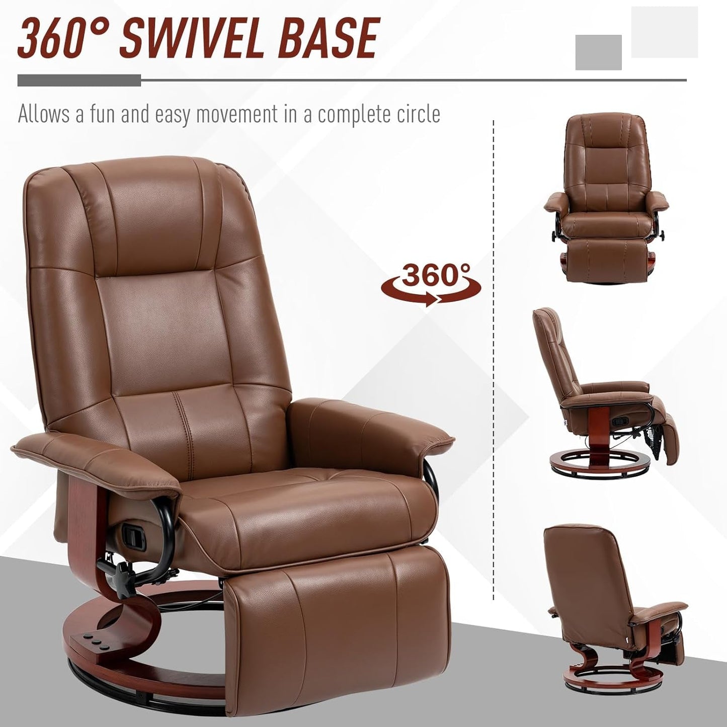 Faux Leather Manual Recliner, Adjustable Swivel Lounge Chair with Footrest, Armrest and Wrapped Wood Base for Living Room, Brown-4