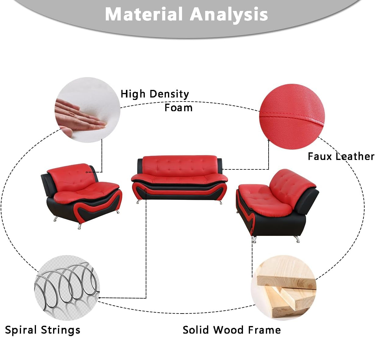 Leather Couches for Living Room, Living Room Couch Set, Sofa for Bedroom, Apartment, Living Room Furniture Sets (A-Leather Black&Red, Chair)-4