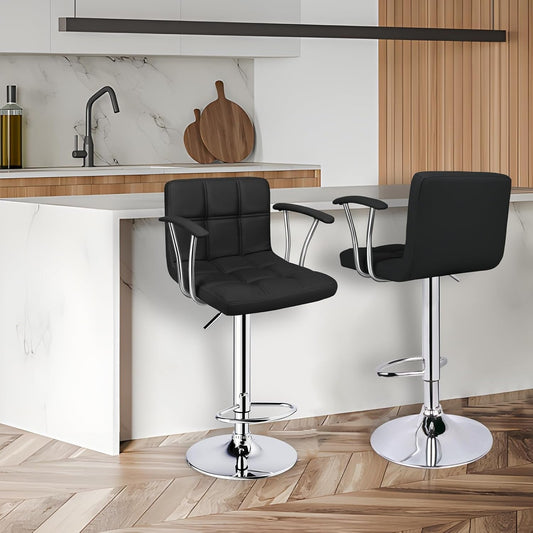 Bar Stools Set of 2,Armrest Adjustable Swivel Barstools with Back,Double Needle PU Leather Counter Height Bar Stools for Kitchen Island, Black-1