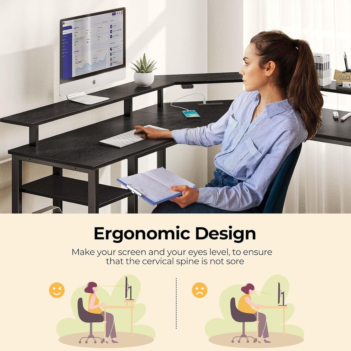 L Shaped Gaming Desk with LED Lights & Power Outlets, 46.2" Computer Desk with Full Monitor Stand & Storage Shelf, Corner Desk with Hooks, Black Desk Reversible-4