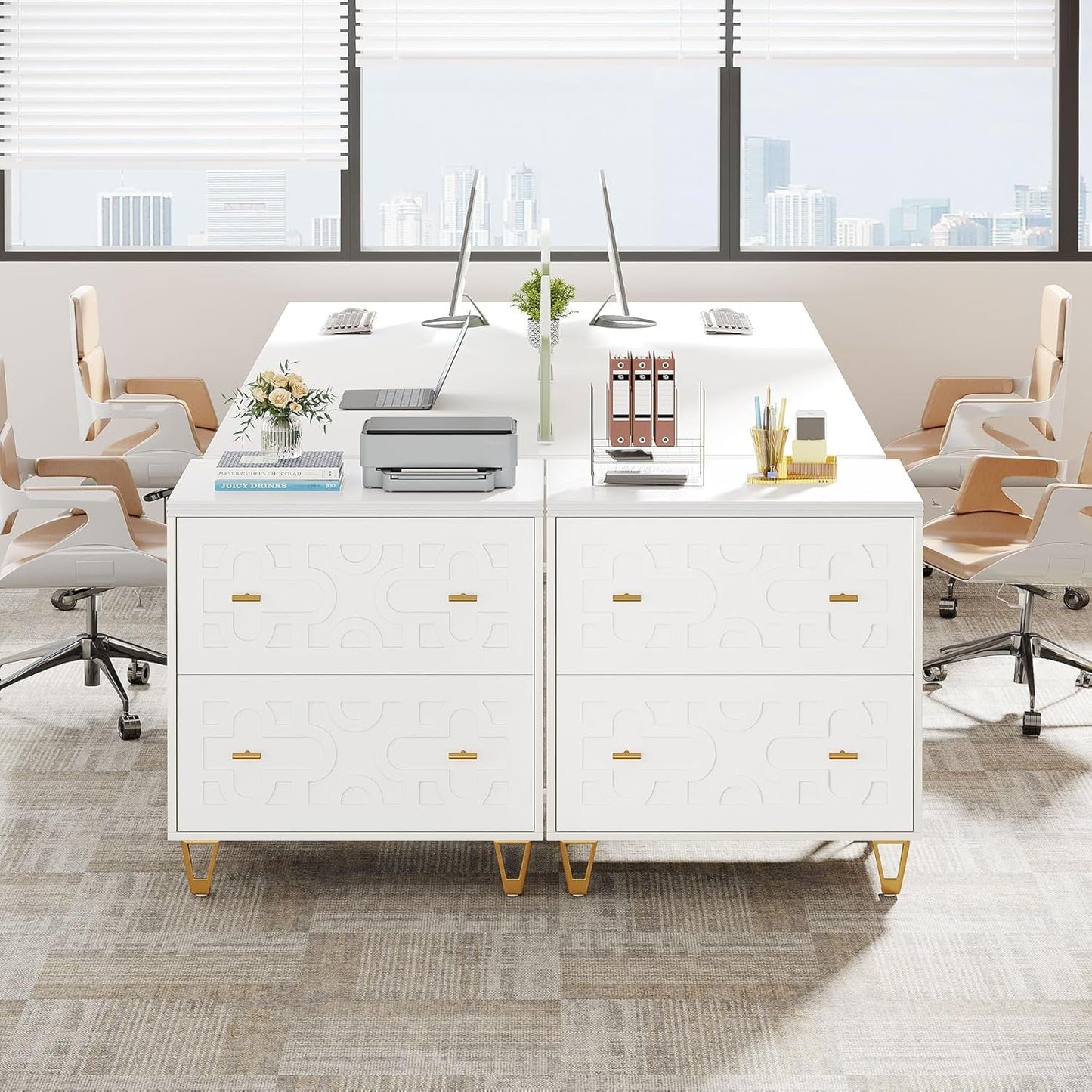2-Drawer Lateral File Cabinet, Modern White Filing Cabinet for Legal/Letter/A4 Size, Large Storage Filing Cabinet Printer Stand for Home Office, White and Gold-4