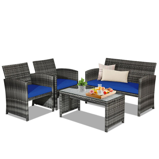 4 Pieces Patio Rattan Furniture Set with Glass Table and Loveseat-1