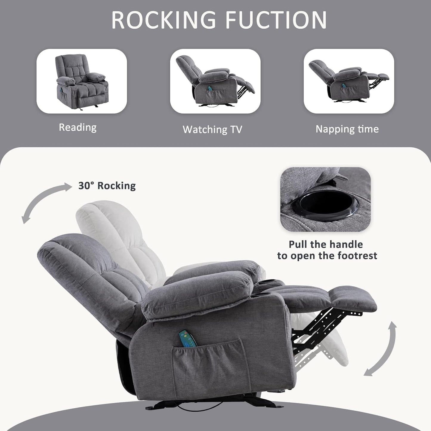 Massage Rocker Recliner Chair with Vibration Massage and Heat Ergonomic Lounge Chair for Living Room with Rocking Function and Side Pocket, 2 Cup Holders, USB Charge Port-4