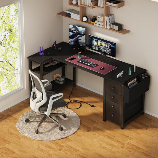 L Shaped Gaming Desk with Drawers & Storage Shelves, 55 Inch Corner Computer Desk with Power Outlet for Home Office Bedroom, L-Shaped Teen PC Desks with Fabric Drawer, Black-1