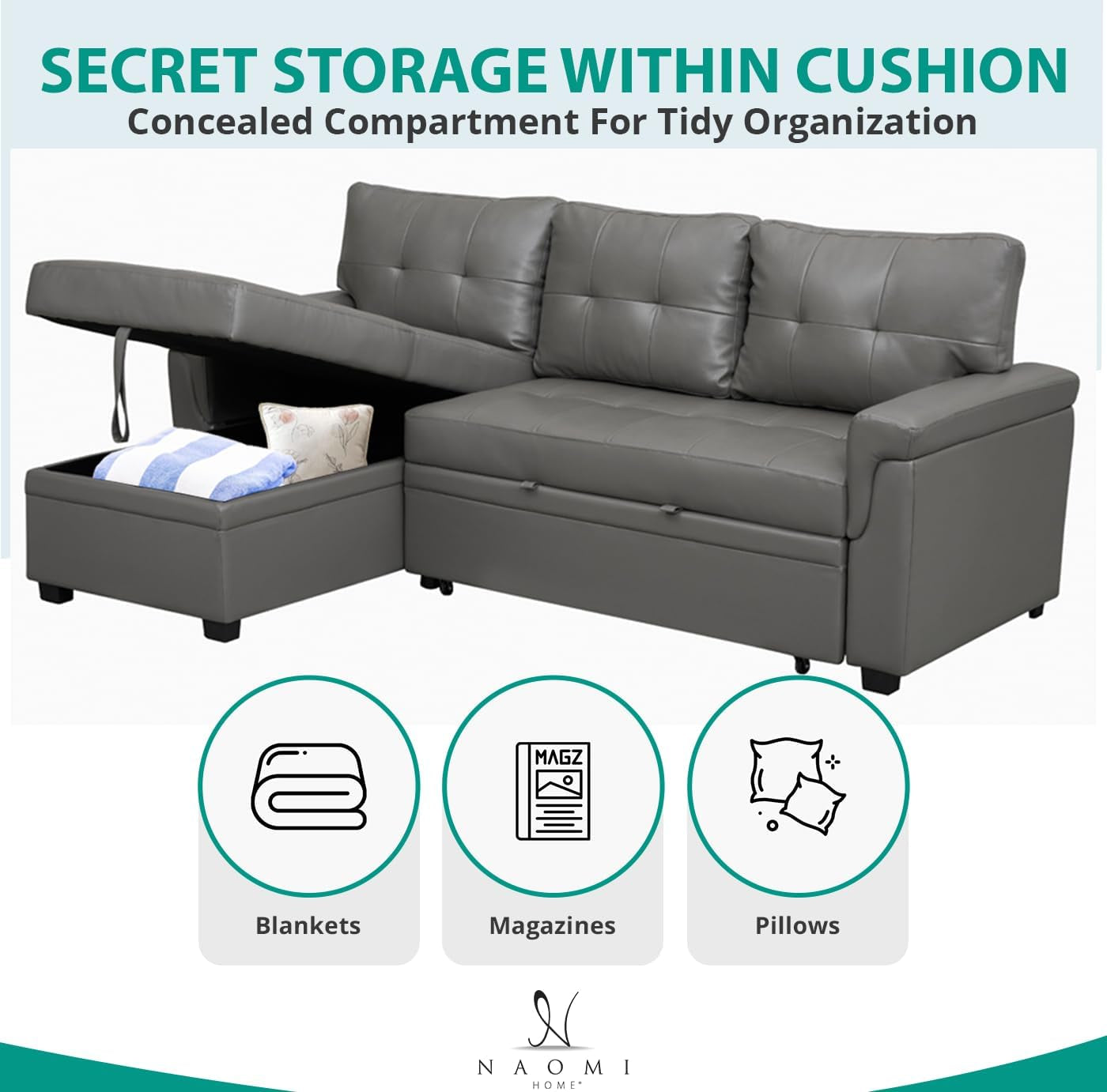 Jenny Sectional Sofa Sleeper with Storage Chaise, Tufted Pull Out Couch with Storage, Sectional Bed, L-Shaped Reversible Sleeper Sofa, Gray,Air Leather-4