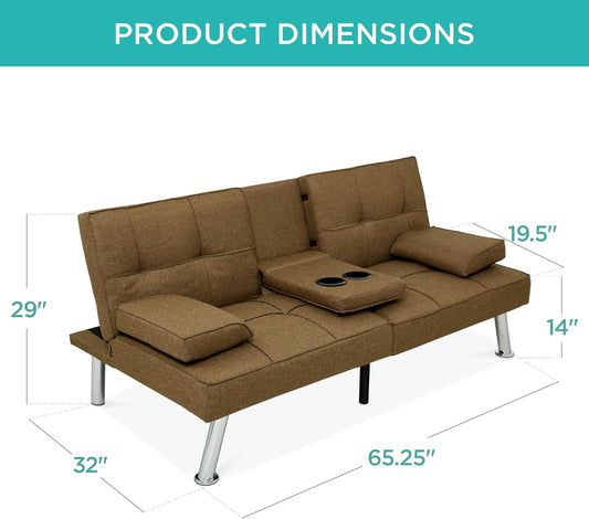 Linen Modern Folding Futon, Reclining Sofa Bed for Apartment, Dorm W/Removable Armrests, 2 Cupholders - Brown-1