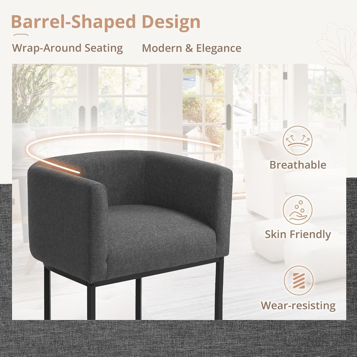 27" H Counter Height Bar Stools, Modern Barrel Counter Stools with Backrest and Arms, Black Metal Frames, Linen Fabric Upholstered Accent Barstools for Kitchen Island, Carbon Gray-4