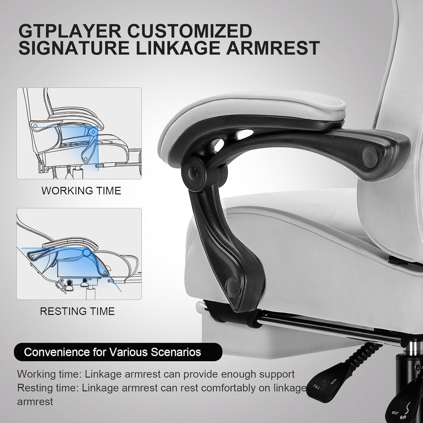 Gaming Chair with Footrest, Computer Chair with and Lumbar Support, Height Adjustable Game Chair with 360°-Swivel Seat and Headrest and for Office or Gaming (All Light Gray-Fabric)-4
