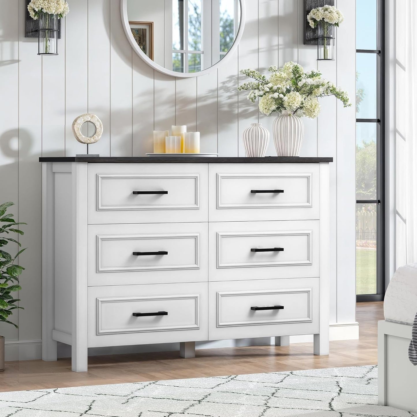 6-Drawer Dresser with Built-In Power Outlet, Wood Dresser TV Stand with 6 Large Drawers & Bar Handles, Dresser Chest of Drawers for Entryway Living Room Hallway, White & Black-3